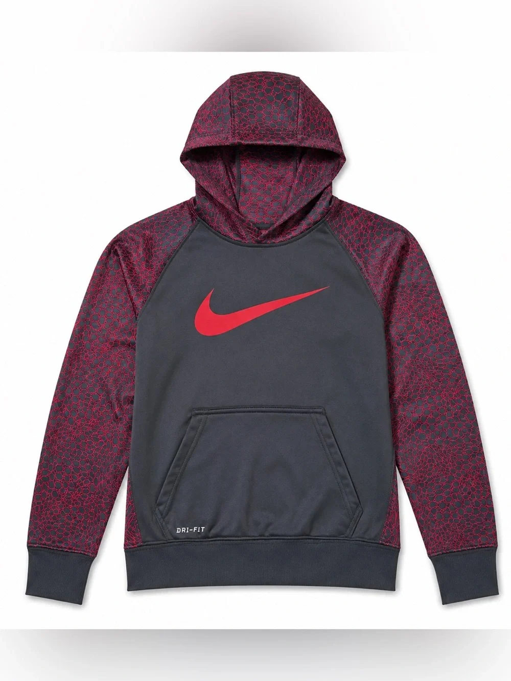 Nike Boys Gray Red Dri-FIT Hoodie Scales Print -‎ Size S 4-5 Kangaroo Pocket